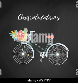 Vintage hipster bicycle with gift box, pinapple and flowers inside basket. hand lettering congratulations. on chalkboard background. stock vector illu Stock Vector