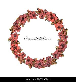 floral design element wreath from cherry flowers, isolated on white background. hand lettering congratulations. stock vector illustration. Stock Vector