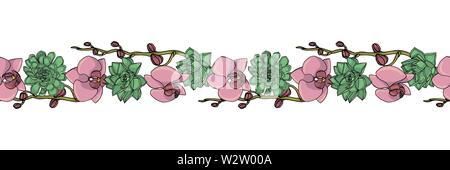 Hand drawn doodle style succulent and orchid flowers .seamless brush, endless border. floral design element. isolated on white background. stock vecto Stock Vector