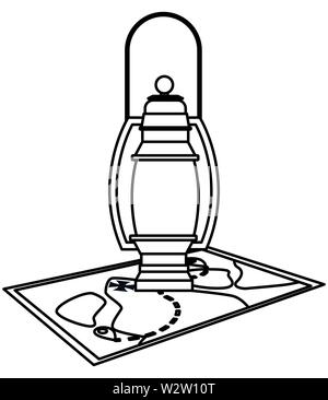 Camping lantern on adventure map in black and white Stock Vector