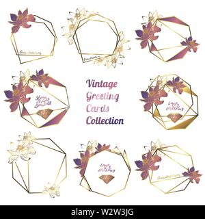 Set of cards with Botanical garland from lotus flowers, vintage floral wreath with golden polygonal frame. isolated on white background. Stock vector Stock Vector
