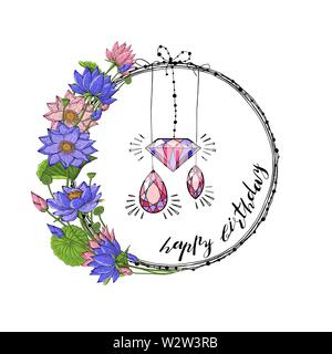 Greeting card with wreath from lotus flowers, diamond and gem stones, hand lettering happy birthday. Floral round decoration border, botanical design Stock Vector