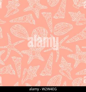 seamless pattern in zen art style with conch shells and starfish on pink background. stock vector illustration. black and white monochrome Stock Vector