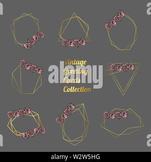 Set of Hand drawn doodle style peony flower garlands with polygonal garland, vintage geometric frame, floral design element. isolated on gray backgrou Stock Vector