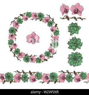 Hand drawn doodle style succulent and orchid flowers .wreath and seamless brush. floral design element. isolated on white background. stock vector ill Stock Vector