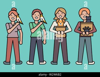 young people with adorables mascots vector illustration design Stock Vector