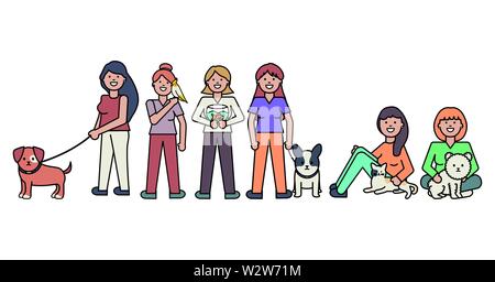 young women with cute cat and dog mascots vector illustration design Stock Vector