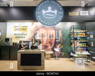 BELGRADE, SERBIA - FEBRUARY 24, 2019: Jacobs Coffee logo in front of their shop. Also called Jacobs Douwe Egberts, or johan Jacobs, it's a German bran Stock Photo