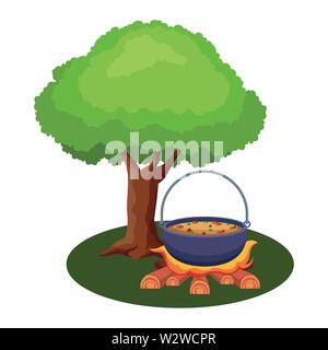 Soup cooking in bonfire on nature camp Stock Vector