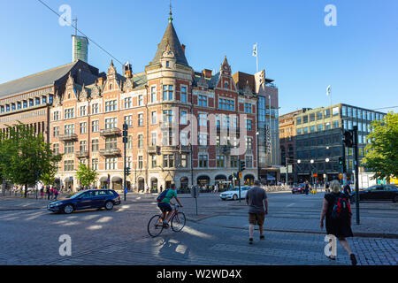 Helsinki, Finland - July 12, 2018: The Art Nouveau facade of the Argos house became part of the enormous Stockmann Helsinki Centre in 1989. Stock Photo