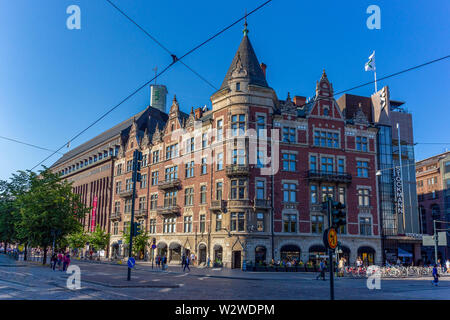 Helsinki, Finland - July 12, 2018: The Art Nouveau facade of the Argos house became part of the enormous Stockmann Helsinki Centre in 1989. Stock Photo