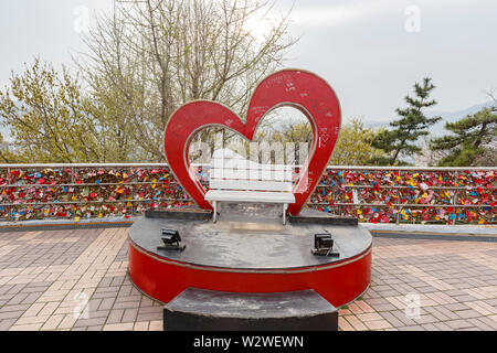 Busan, APR 2: Many love locks locked on a heart shap metal in Geumgang Park on APR 2, 2014 at Busan, South Korea Stock Photo