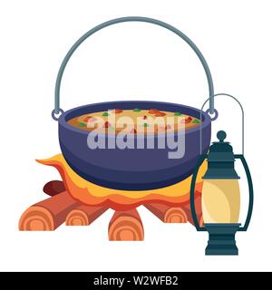 Camping cooking soup on bonfire with lantern Stock Vector