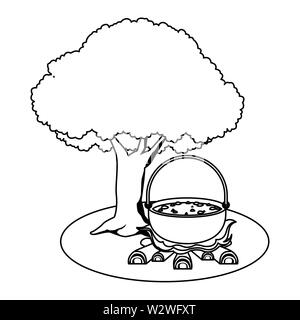 Soup cooking in bonfire on nature camp in black and white Stock Vector
