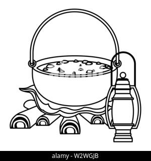 Camping cooking soup on bonfire with lantern in black and white Stock Vector