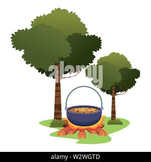 Soup cooking in bonfire on nature camp Stock Vector