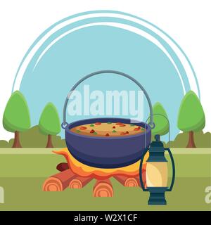 Camping cooking soup on bonfire with lantern Stock Vector