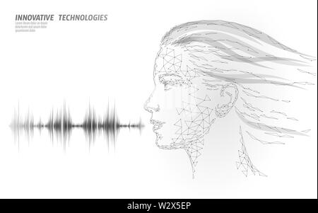 Virtual assistant voice recognition service technology. AI artificial intelligence robot support. Chatbot beautiful female face low poly vector Stock Vector