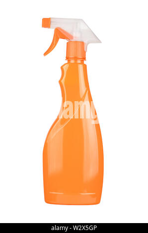 Orange spray bottle with blank label isolated white background Stock Photo