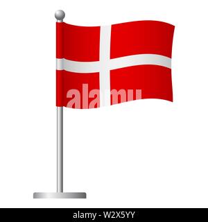 Denmark flag on pole. Metal flagpole. National flag of Denmark  illustration