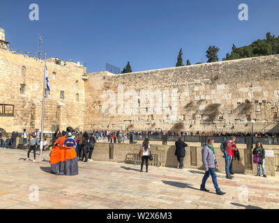 JERUSALEM, ISRAEL - JANUARY 22, 2019: Jewish worshipers pray at the Wailing Wall. The most holy site for Jews. The Western Wall, Wailing Wall or Kotel Stock Photo