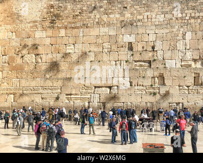 JERUSALEM, ISRAEL - JANUARY 22, 2019: Jewish worshipers pray at the Wailing Wall. The most holy site for Jews. The Western Wall, Wailing Wall or Kotel Stock Photo