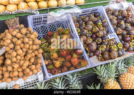 Fresh rambutan fruit bunch on local market in Thailand. Traditional asian fresh fruits. Stock Photo