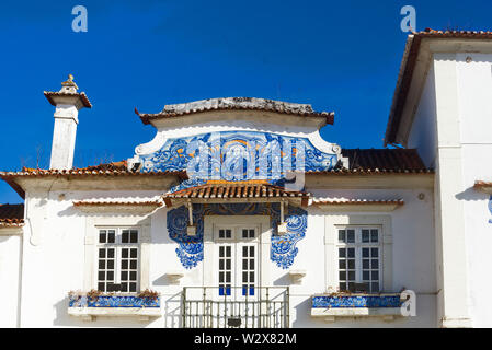azulejos panels on the facade of the old railways station in Aveiro, Portugal