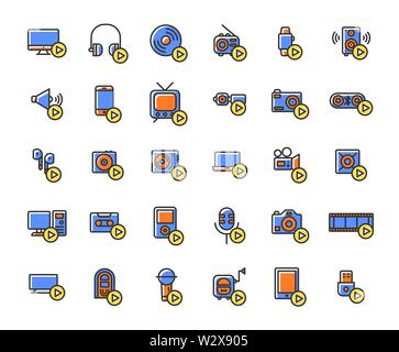 Media devices and players filled outline icon set. Stock Vector