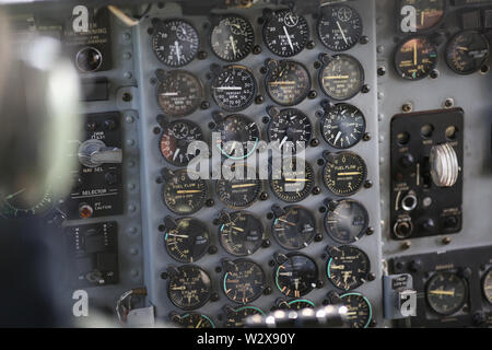 Details with the dials in the cockpit of a military cargo airplane. Stock Photo