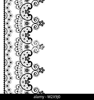 Vector lace seamless pattern, retro wedding lace border or frame design in black on white background Stock Vector