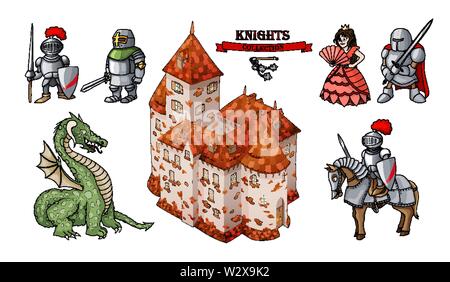 Medieval characters historical buildings cartoon objects set Stock Vector