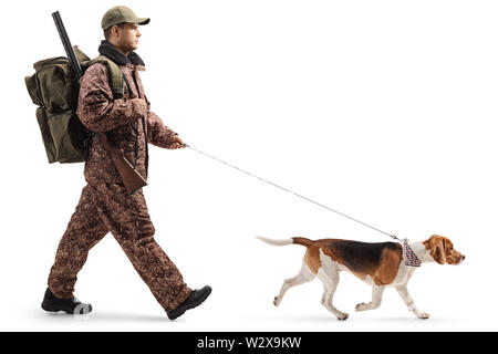 Full length profile shot of a professional hunter walking with a beagle dog isolated on white background Stock Photo
