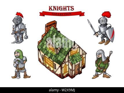 Medieval characters historical buildings cartoon objects set Stock Vector