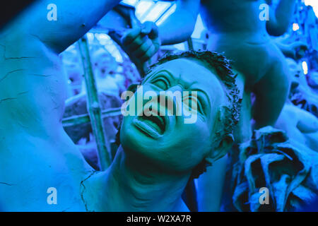 Kolkata India October 2018 - Close up portrait of Screaming horror face of "Mahishasur", a buffalo evil demon in Hindu mythology character. Ghost crue Stock Photo