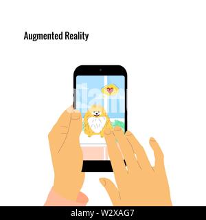 Human hand is holding smartphone with augmented reality app on screen showing hologram of a dog. Flat style stock vector illustration. Stock Vector