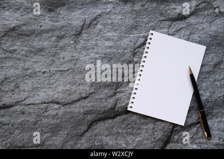 Blank spiral bound notebook and pen. Copy space Stock Photo