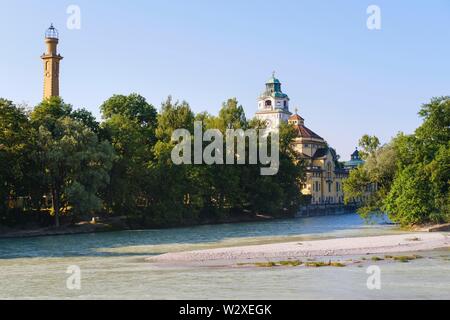Tower of Muffatwerk and Mullersches Volksbad, Isar, Haidhausen, Munich, Upper Bavaria, Bavaria, Germany Stock Photo