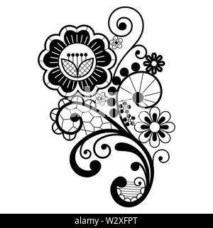 Lace motif, retro single vector design, ornamental pattern with roses, flowers and swirls in black and white Stock Vector