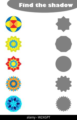 Find the shadow, game with mandalas for children in cartoon style, education game for kids, preschool worksheet activity, task for the development of Stock Vector