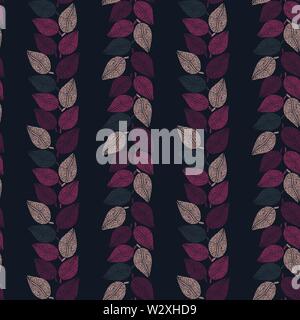 seamless vector pattern with pink and purple leaves forming vertical stripes on dark background Stock Vector