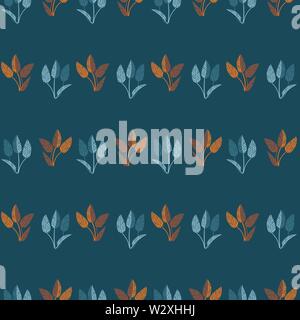 seamless vector stripes pattern with blue and orange leaves on teal background Stock Vector