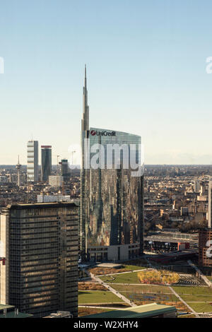 Italy, Lombardy, Milan, cityscape with Unicredit Tower from the Belvedere Enzo Jannacci in the Pirelli skyscraper