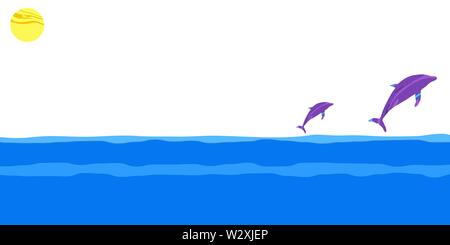 Sea, sun and dolphins. Editable vector template with empty space for inscription about discount, sale, product and service. Stock Vector