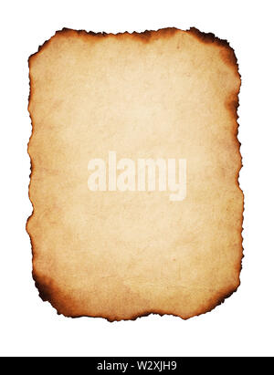 Vintage paper with burnt edges, isolated on white background. Stock Photo