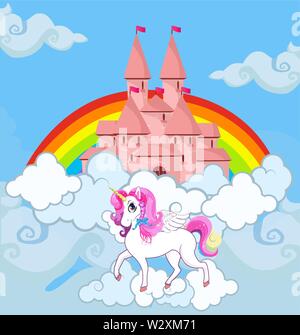Unicorn at sky castle bright rainbow kawaii background, princess fairytale, pegasus white horse stand on clouds at beautiful heaven palace, fantasy ch Stock Vector