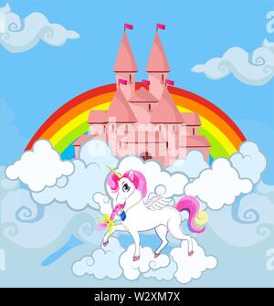 Unicorn at sky castle bright rainbow kawaii background, princess fairytale, pegasus white horse stand on clouds at beautiful heaven palace, fantasy ch Stock Vector