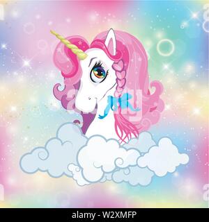 Unicorn head with pink mane portrait on bright rainbow kawaii universe space or sky holographic background with clouds, magic sparkles, stars, blurs, Stock Vector