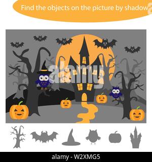 Find the objects by shadow, game with halloween theme for children in cartoon, education game for kids, preschool worksheet activity, task for the dev Stock Vector