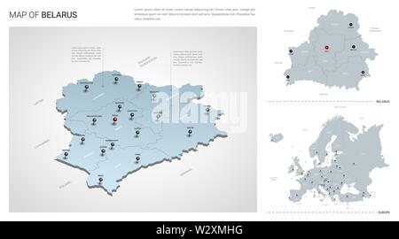 Vector set of Belarus country.  Isometric 3d map, Belarus map, Europe map - with region, state names and city names. Stock Vector
